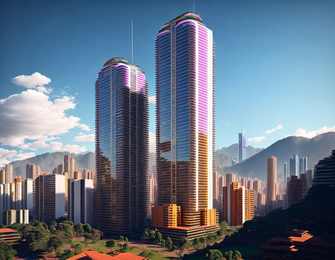 Modern cityscape with twin skyscrapers and green hills against blue sky
