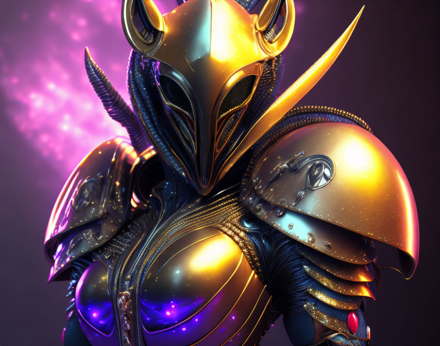 Detailed Futuristic Character in Golden and Black Armor with Purple Accents