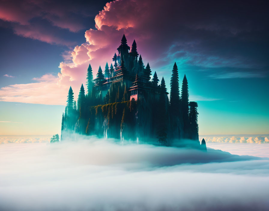 Ethereal castle on steep cliff under pink and blue sky