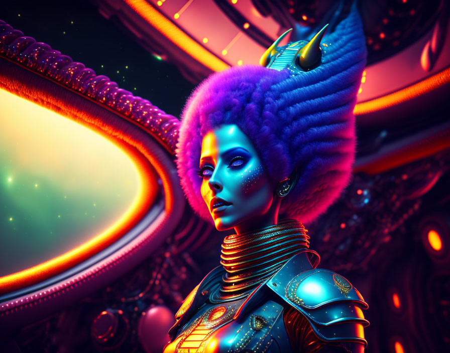 Digital Art: Blue-Skinned Female Figure in Sci-Fi Attire Amid Cosmic Galaxies