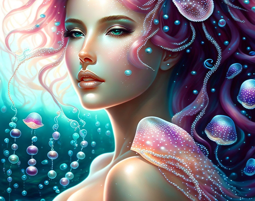 Vibrant pink-haired female figure with sea elements in teal underwater scene