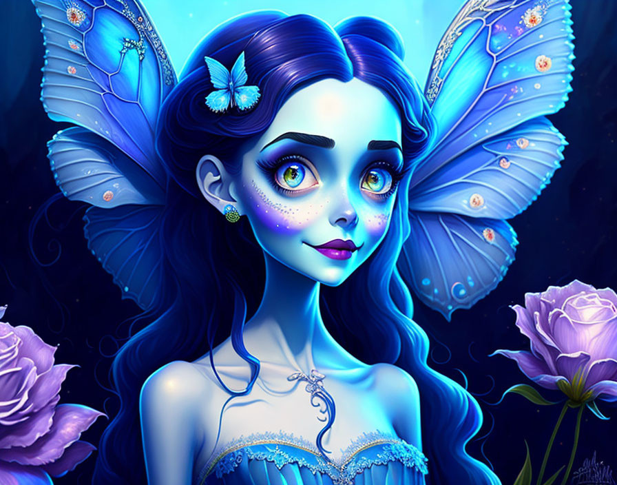 Fairy illustration with blue butterfly wings and luminescent flowers.