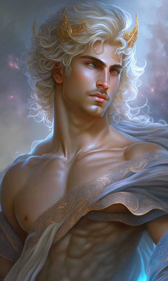 Mythical male figure with white curly hair, golden horns, and ornate tattoos in cosmic setting