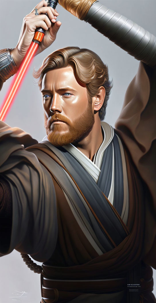 Illustrated portrait of a bearded Jedi with red lightsaber in brown robes