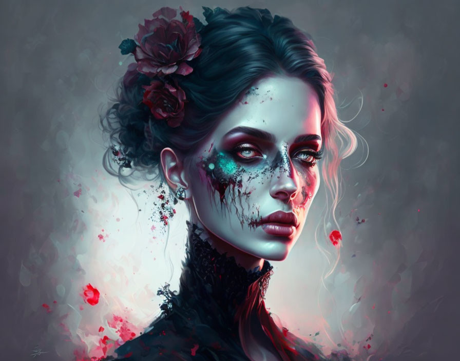 Digital portrait of woman with dark rose, paint speckles, and haunting expression in red-tint