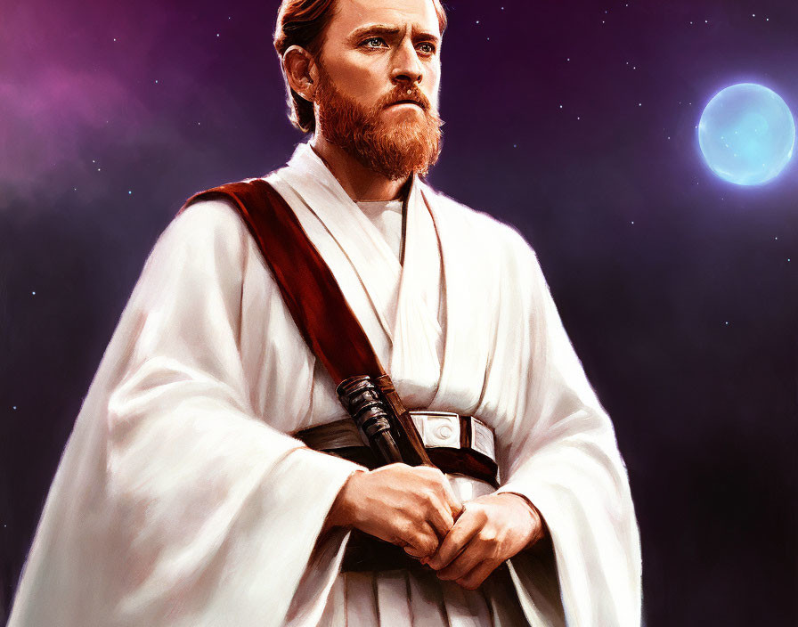 Bearded man in white tunic against cosmic backdrop