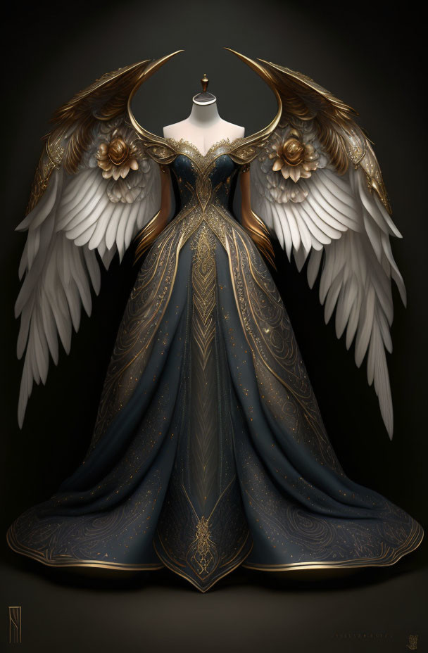 Elaborate White Dress with Golden Details and Angelic Wings on Mannequin