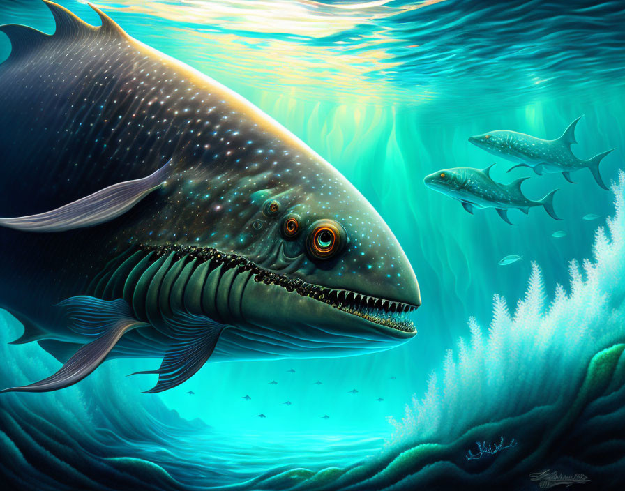 Fantastical whale-like creature with multiple eyes in vibrant underwater scene