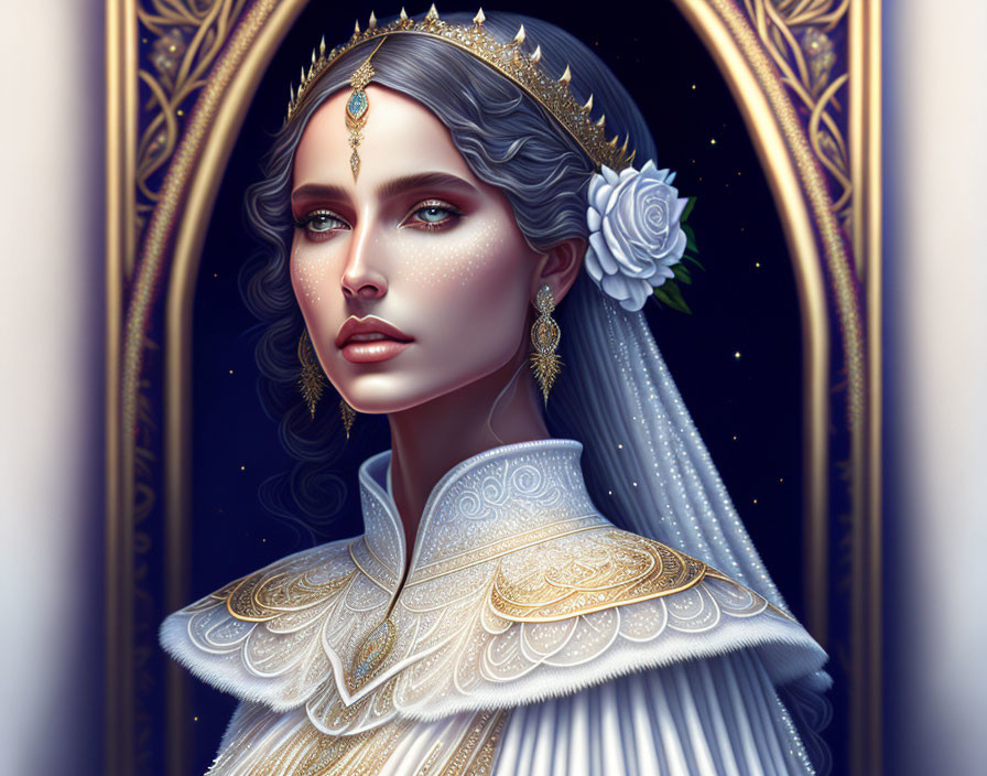 Regal woman with gold crown and ornate gown in starry backdrop