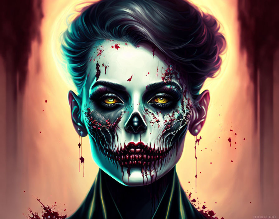 Person with Stylized Skull Makeup and Intense Yellow Eyes on Fiery Background