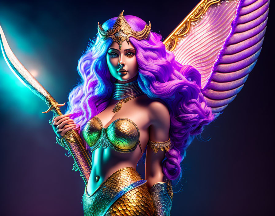 Mythological siren with purple hair, sword, mermaid tail, and ornate wing