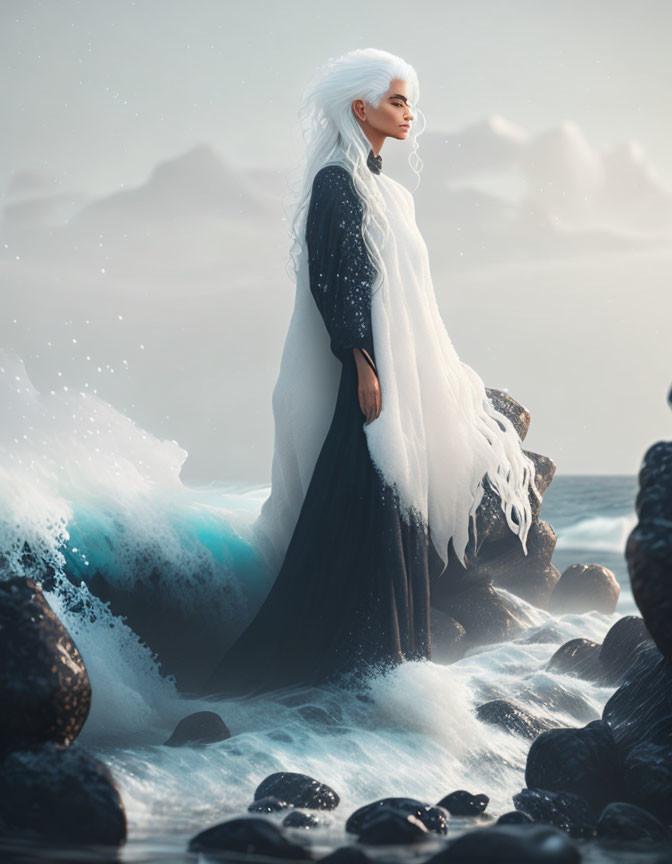 Elegant person with white hair in dual-tone dress by rocky sea shore