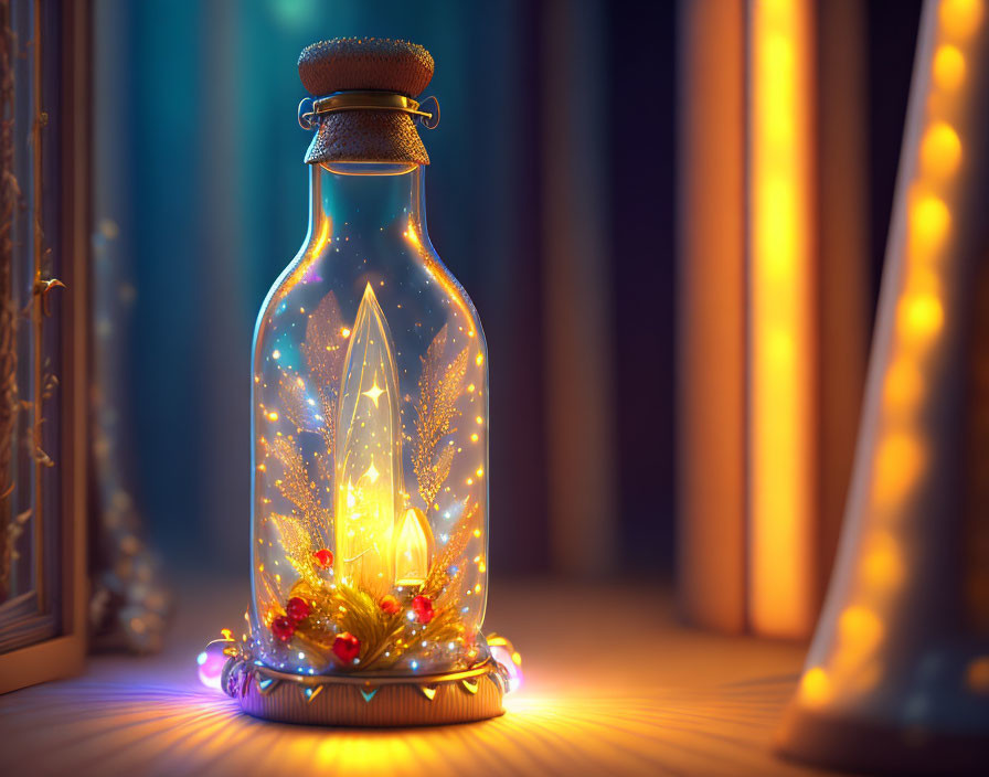 Glass Bottle with Glowing Stars and Christmas Tree on Wooden Surface