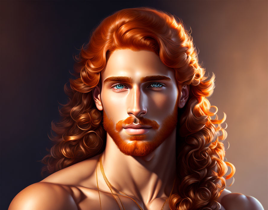 Portrait of man with curly auburn hair, beard, blue eyes, and gold chain necklace on