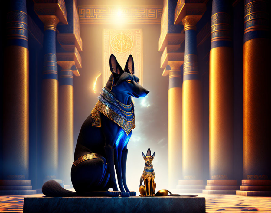 Digital illustration of two Anubis in Egyptian temple with warm light