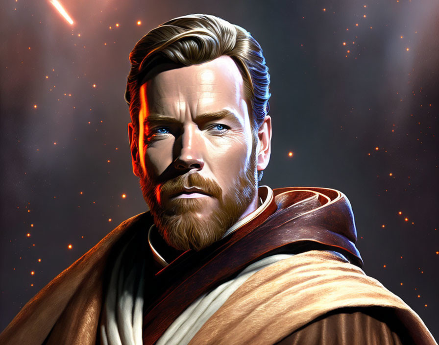 Bearded man with intense blue eyes in brown robe against cosmic backdrop