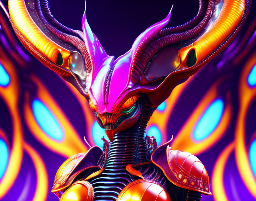 Colorful Alien Creature with Horns and Armor in Psychedelic Setting