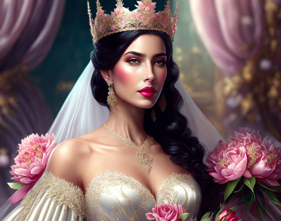 Regal woman in crown and bridal gown with pink flowers