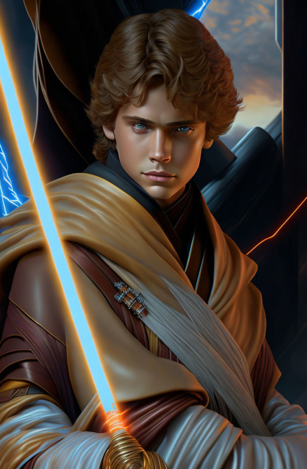 Digital artwork: young man with brown hair and blue eyes holding lit lightsaber in stormy backdrop