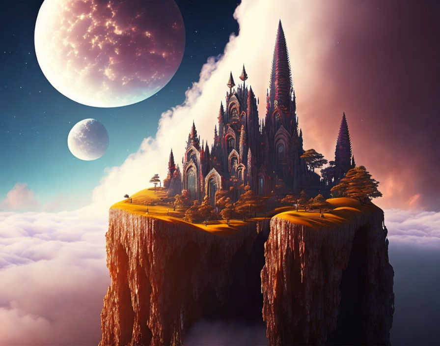 Fantasy landscape with spire-like castle on floating island under sky with two moons