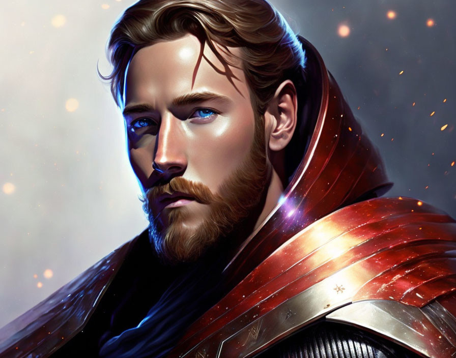 Man with Beard and Mustache in Futuristic Armor with Red Cloak on Starry Background