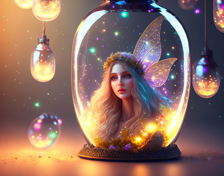 Mystical fairy with glowing wings and golden crown in glass jar surrounded by light bulbs and bubbles