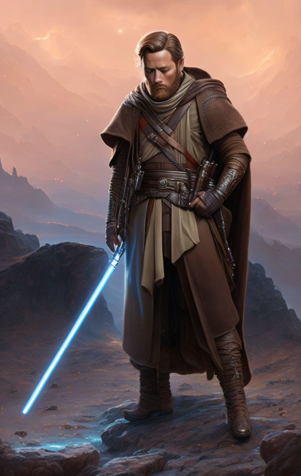 Bearded man in brown robes with blue lightsaber on rocky terrain