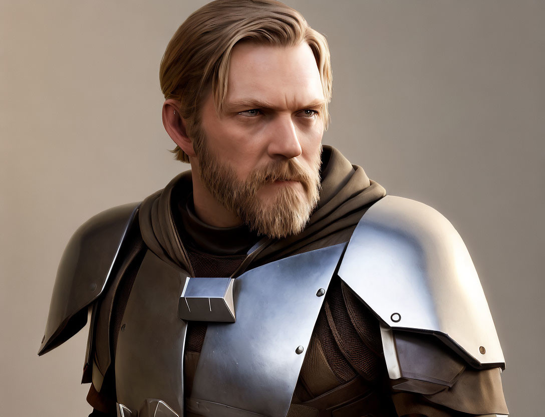 Bearded man in futuristic knight armor with stern look