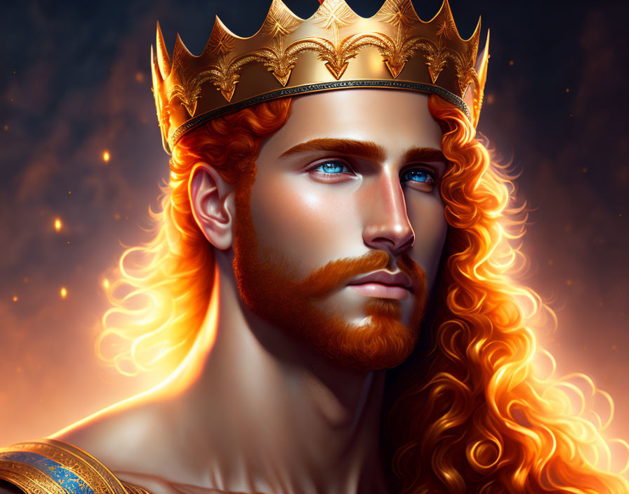 Fantasy king digital art portrait with blue eyes, golden crown, fiery hair.