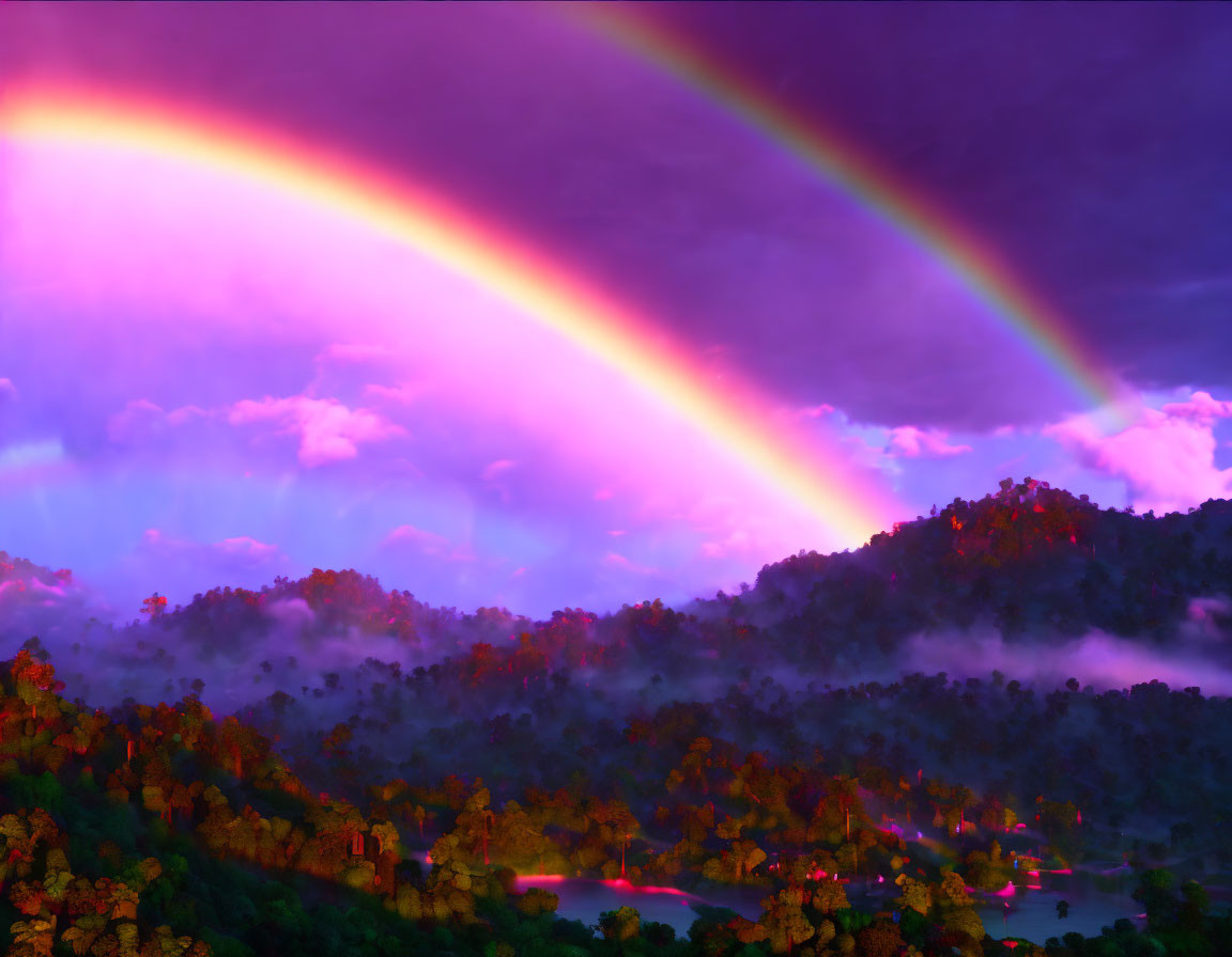 Double rainbow over misty forest landscape with mountains and water