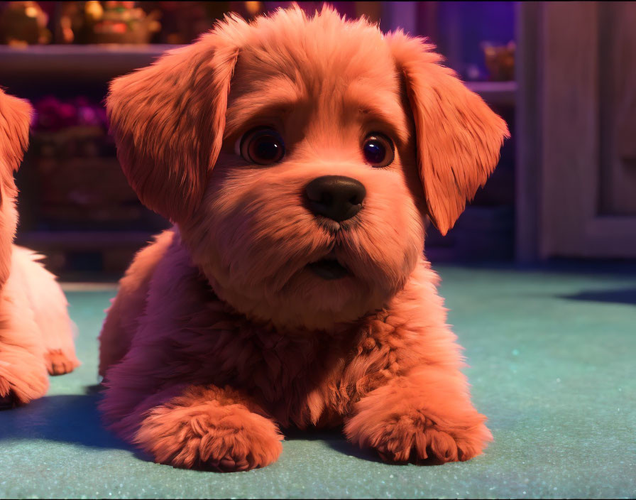 Adorable animated puppy with soft brown fur and floppy ears in warm indoor scene