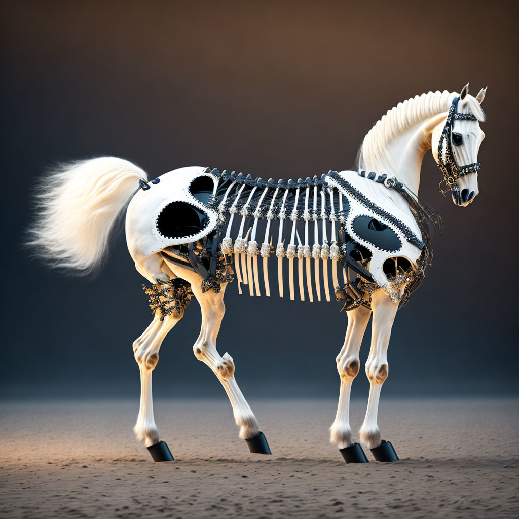 Fantastical skeletal horse with ornate bone-like structures on soft-focus background