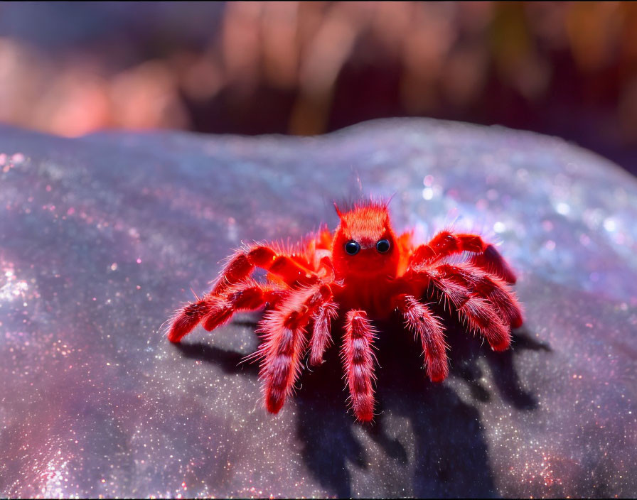 Vibrant red jumping spider on shimmering purple surface