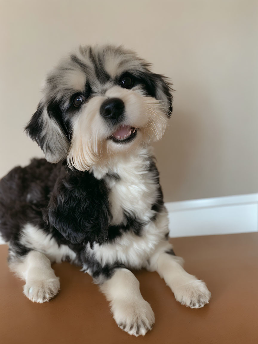 Fluffy Black and White Dog with Joyful Expression Sitting Indoors