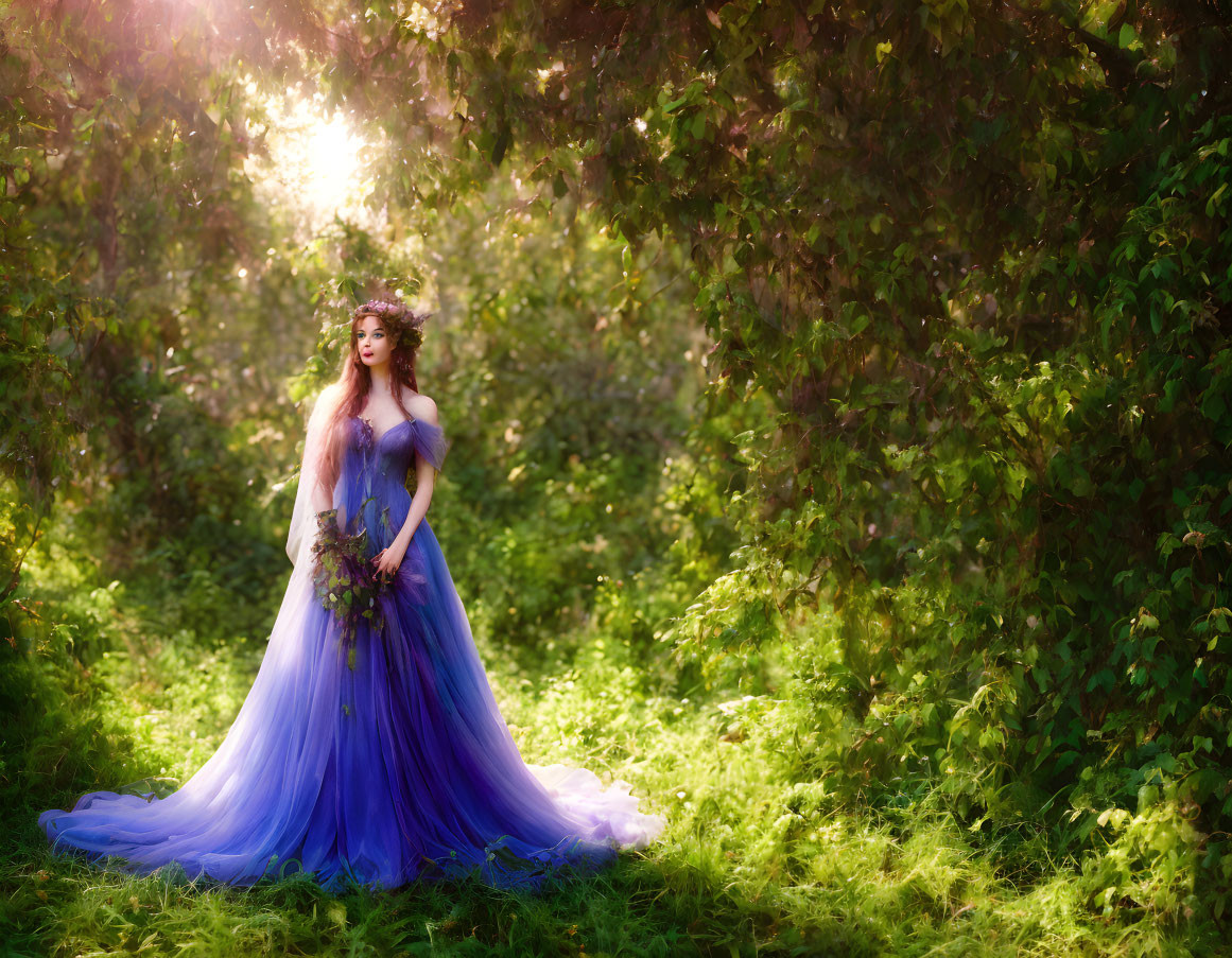 Woman in blue gown with bouquet in sunlit forest