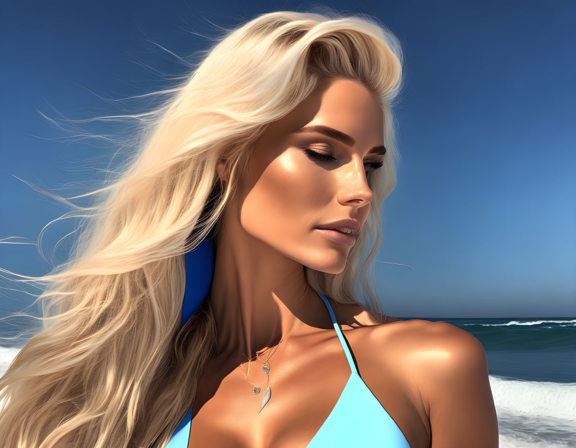 Blonde woman in blue bikini on sunny beach