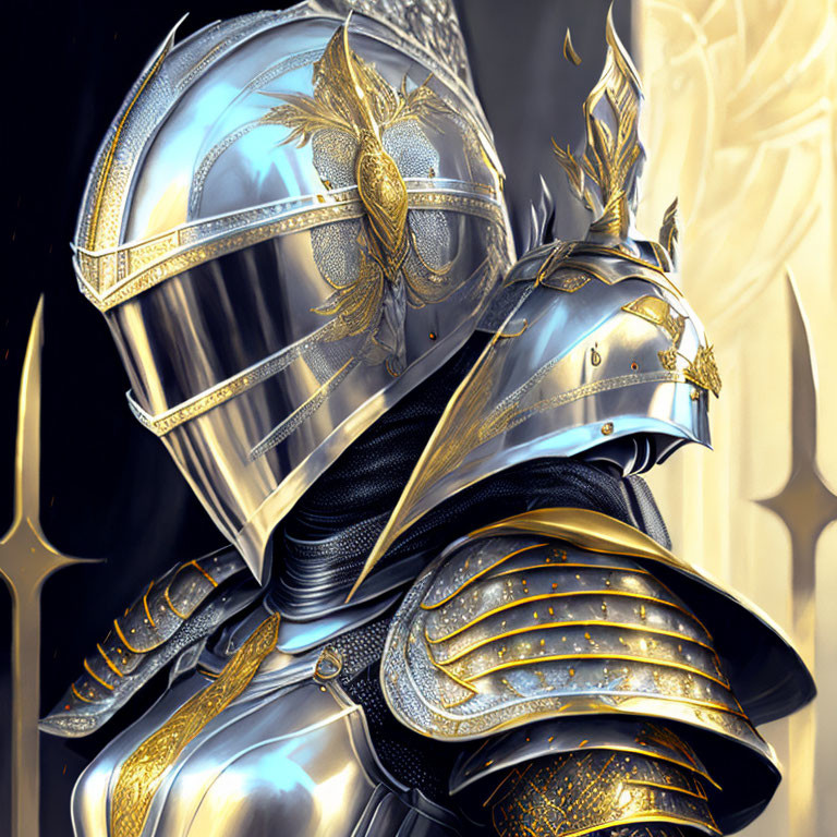 Detailed illustration of knight in shining armor with gold accents and reflective helmet in regal or fantasy theme