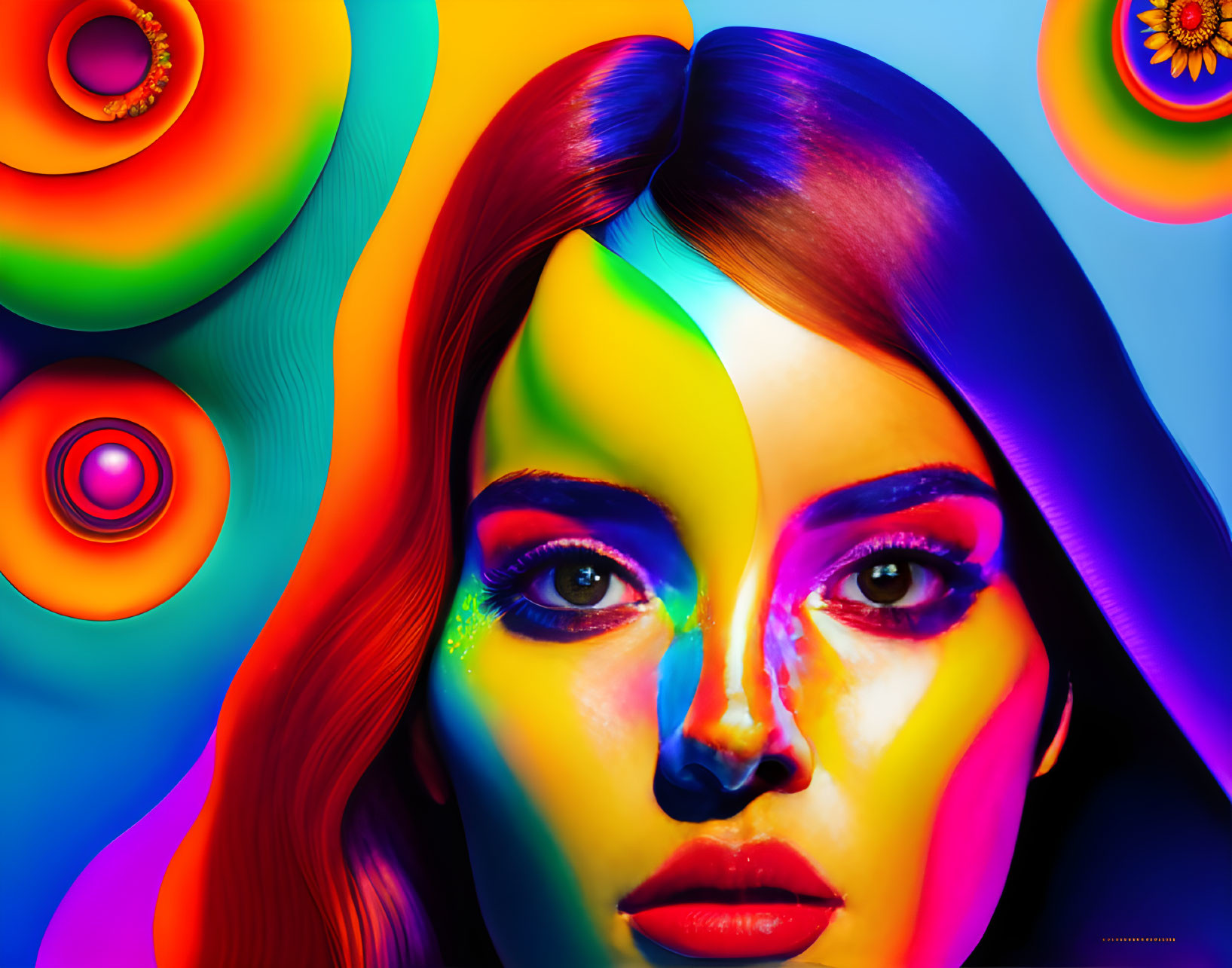 Colorful abstract digital art: Woman's face with vibrant paint strokes & psychedelic patterns