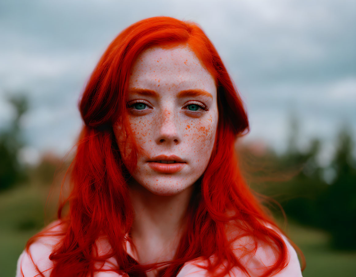 Striking red-haired woman with freckles in nature portrait.