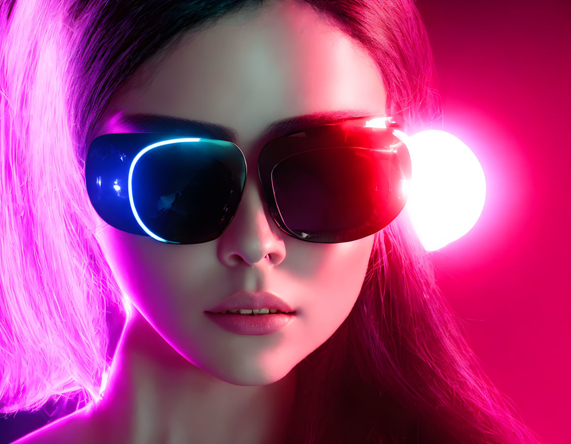 Woman in Oversized Sunglasses Under Vibrant Neon Lights