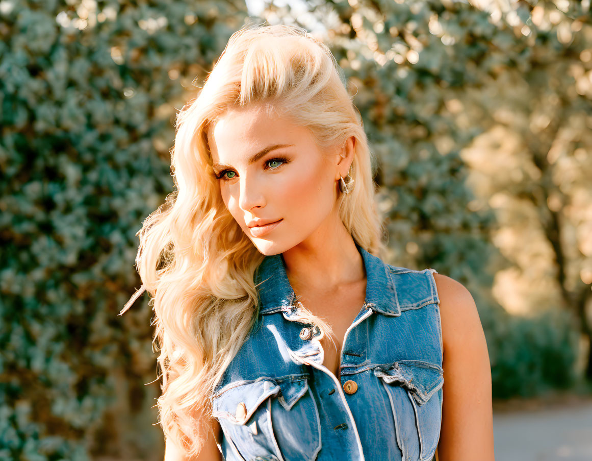 Blonde woman in denim vest with curly hair outdoors at golden hour