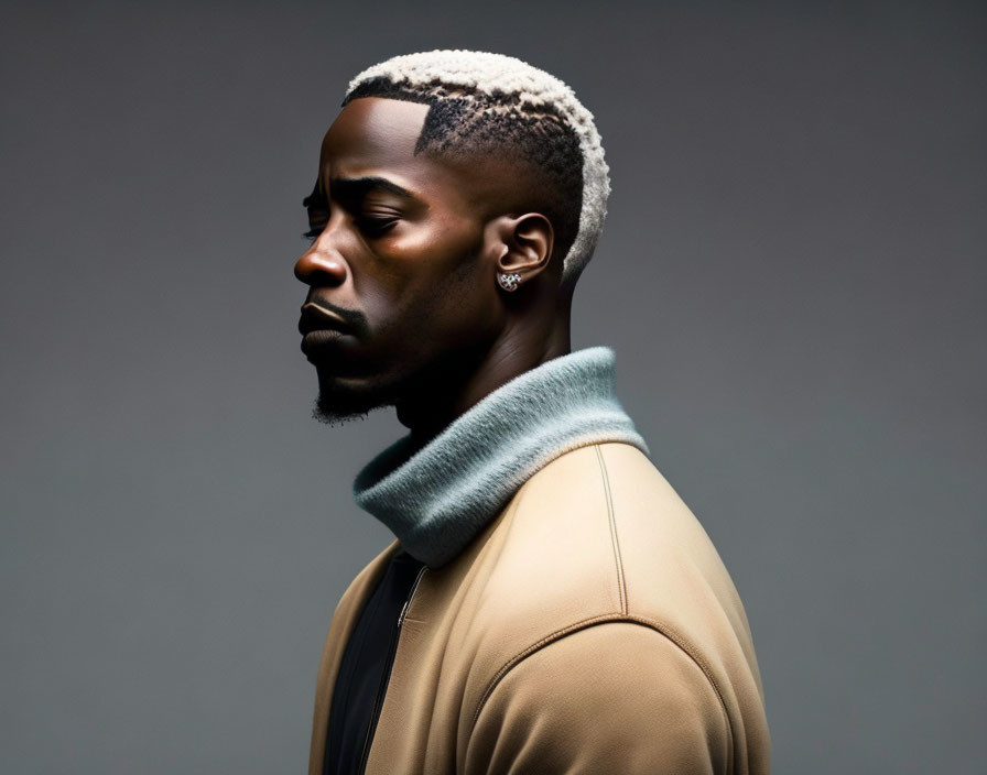 Profile of man with unique haircut, blonde highlights, turtleneck, leather jacket on grey background