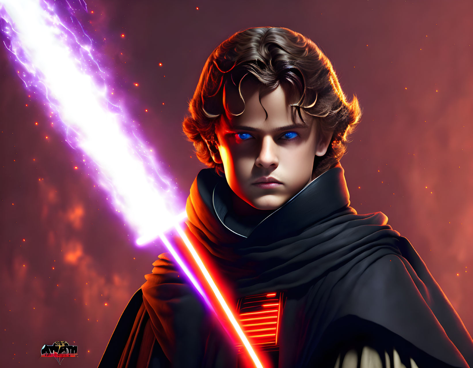 Male sci-fi digital portrait with purple and red lights, dark cloak, intense gaze, and fiery background