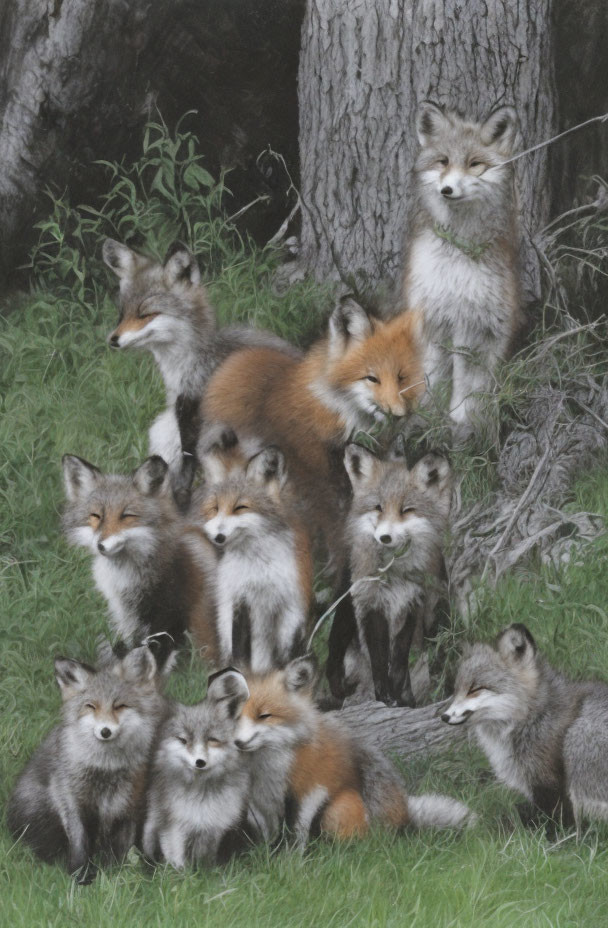 Nine foxes with diverse expressions in natural woodland setting