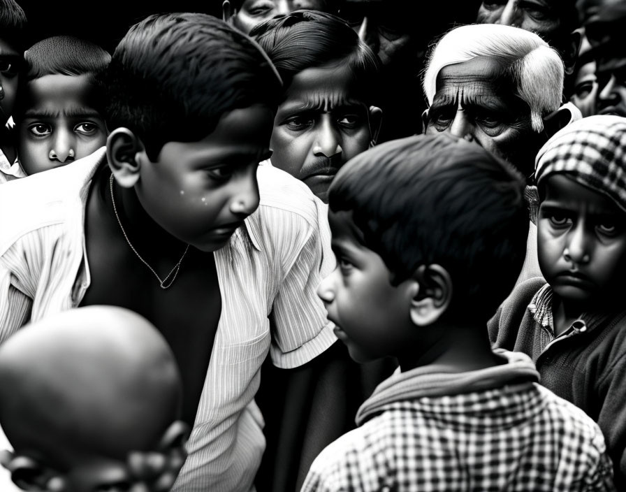 Monochrome photo: somber group with children in foreground