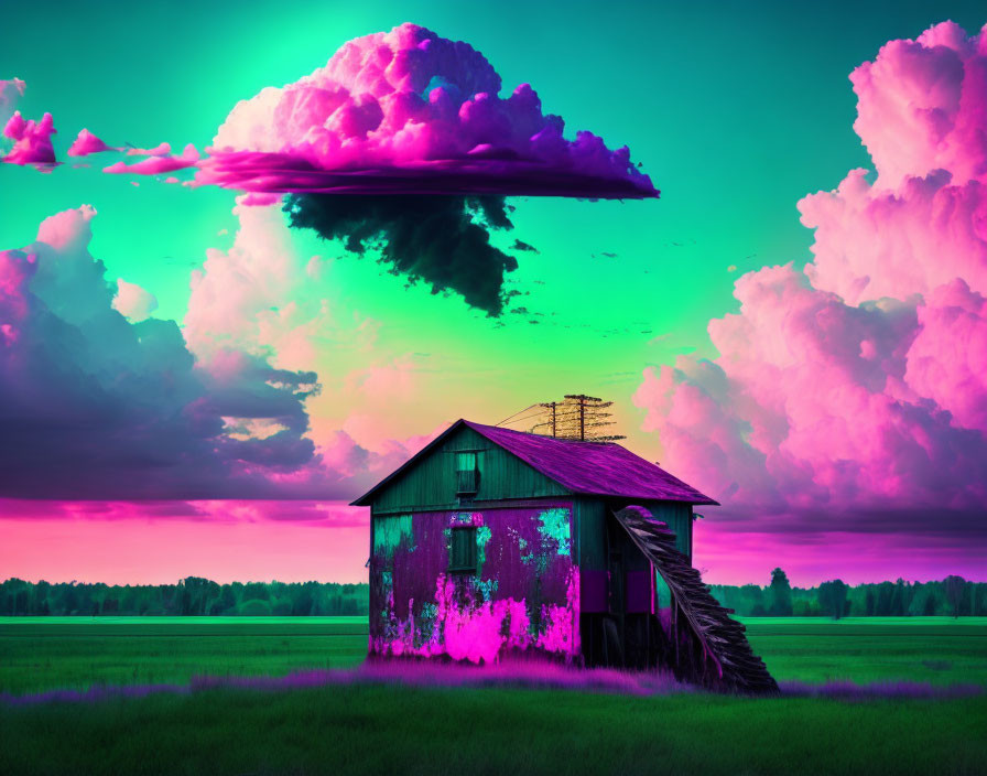 Vibrant neon landscape with lone rustic hut under surreal sky