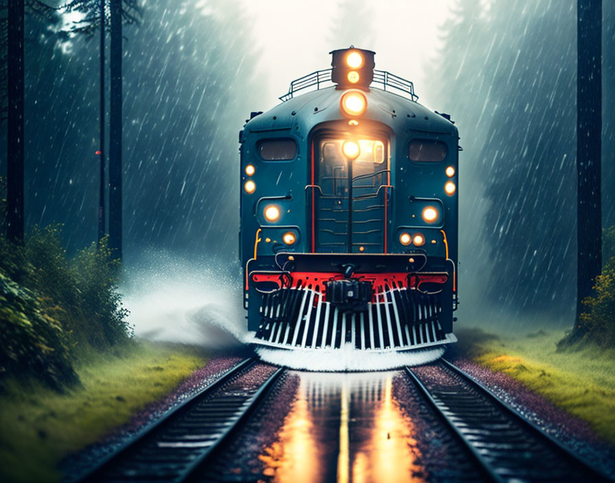 Train with illuminated headlights moving through misty, rain-soaked forest