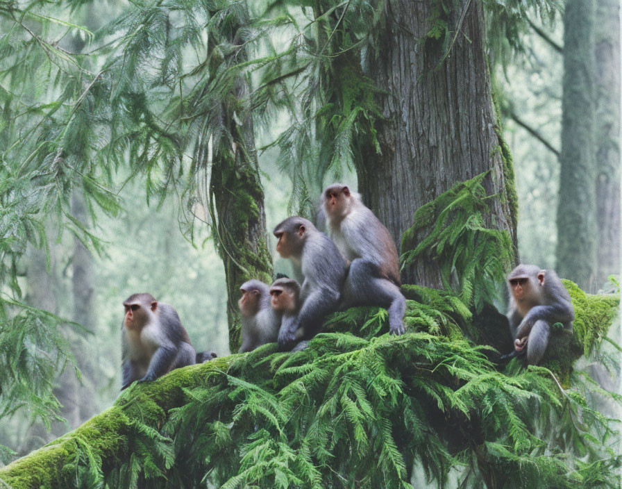 Monkeys on Fern-Covered Tree Branch in Green Forest