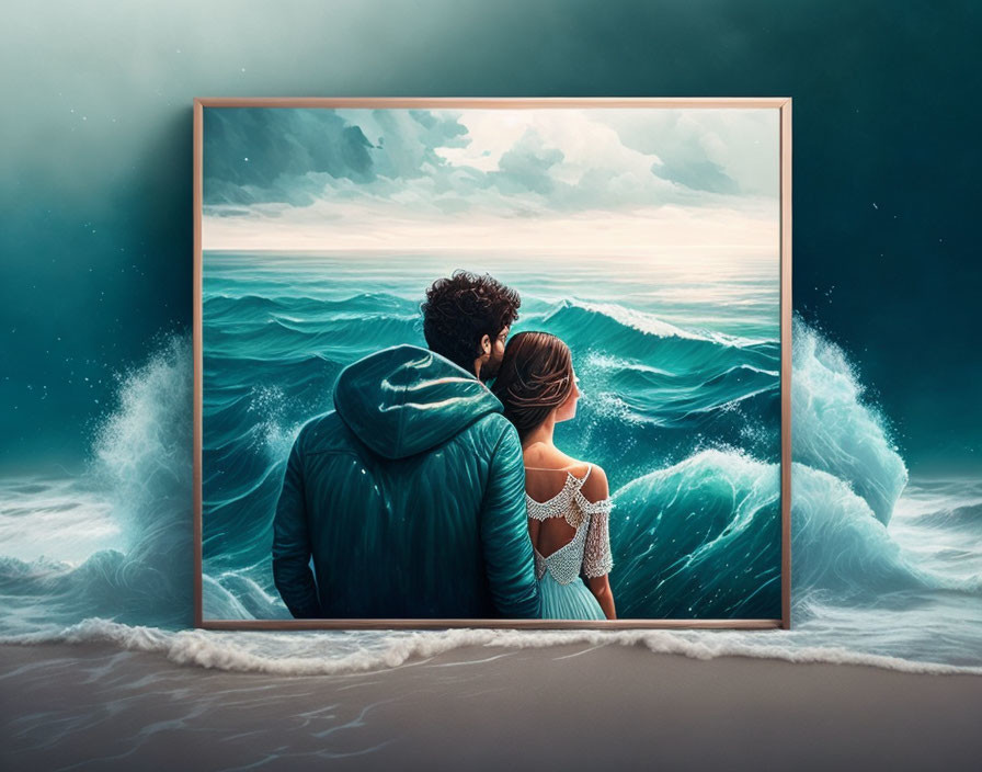 Couple standing before framed painting of sea waves blending into room's floor