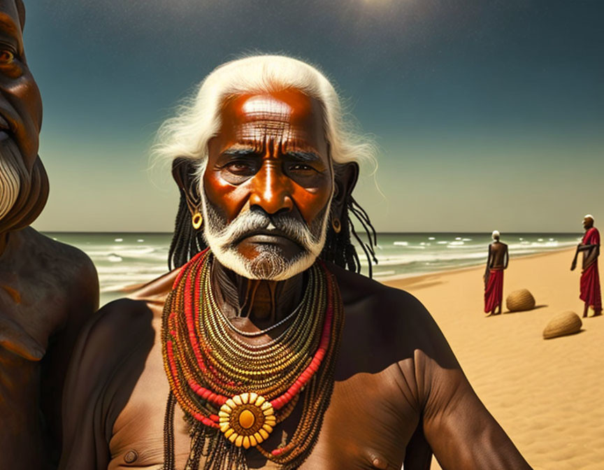 Elderly man with white hair and beard at beach with people in background